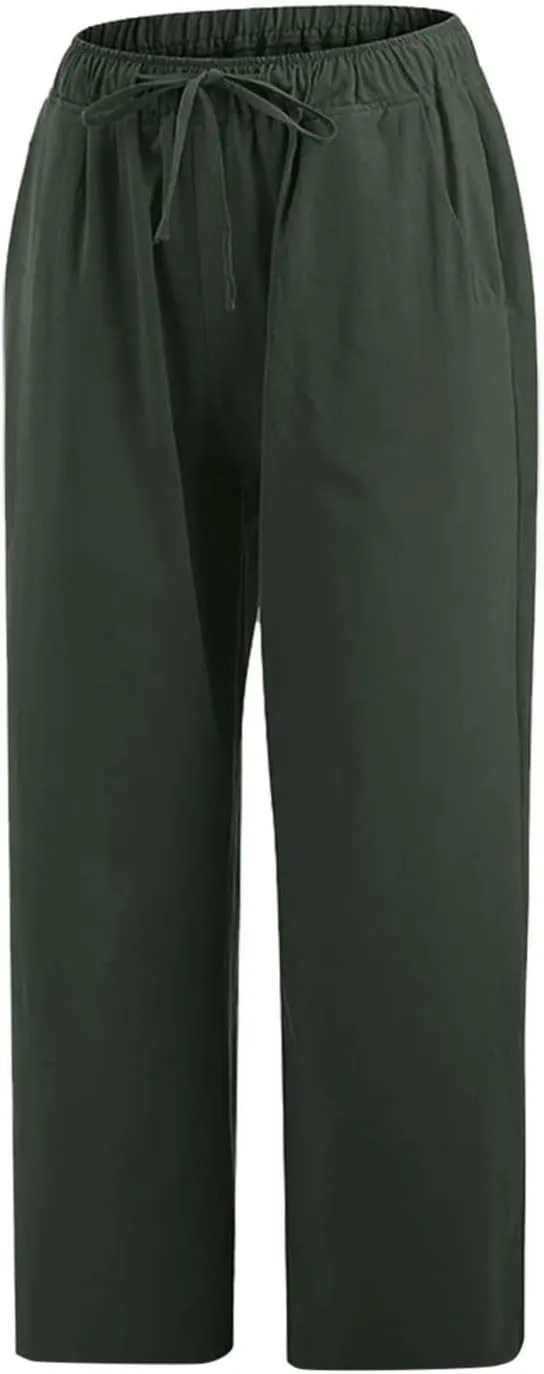 Linen Capri Pants for Women 2025 Casual Summer Pants Drawstring Elastic High Waist Capris Wide Leg Cropped Trousers