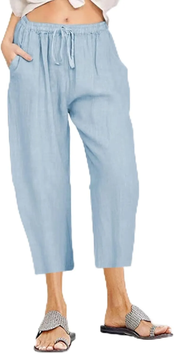 Linen Capri Pants for Women Casual 2024 Plus Size Summer Elastic Waist Crop Tapered Pants Elastic Beach Trousers