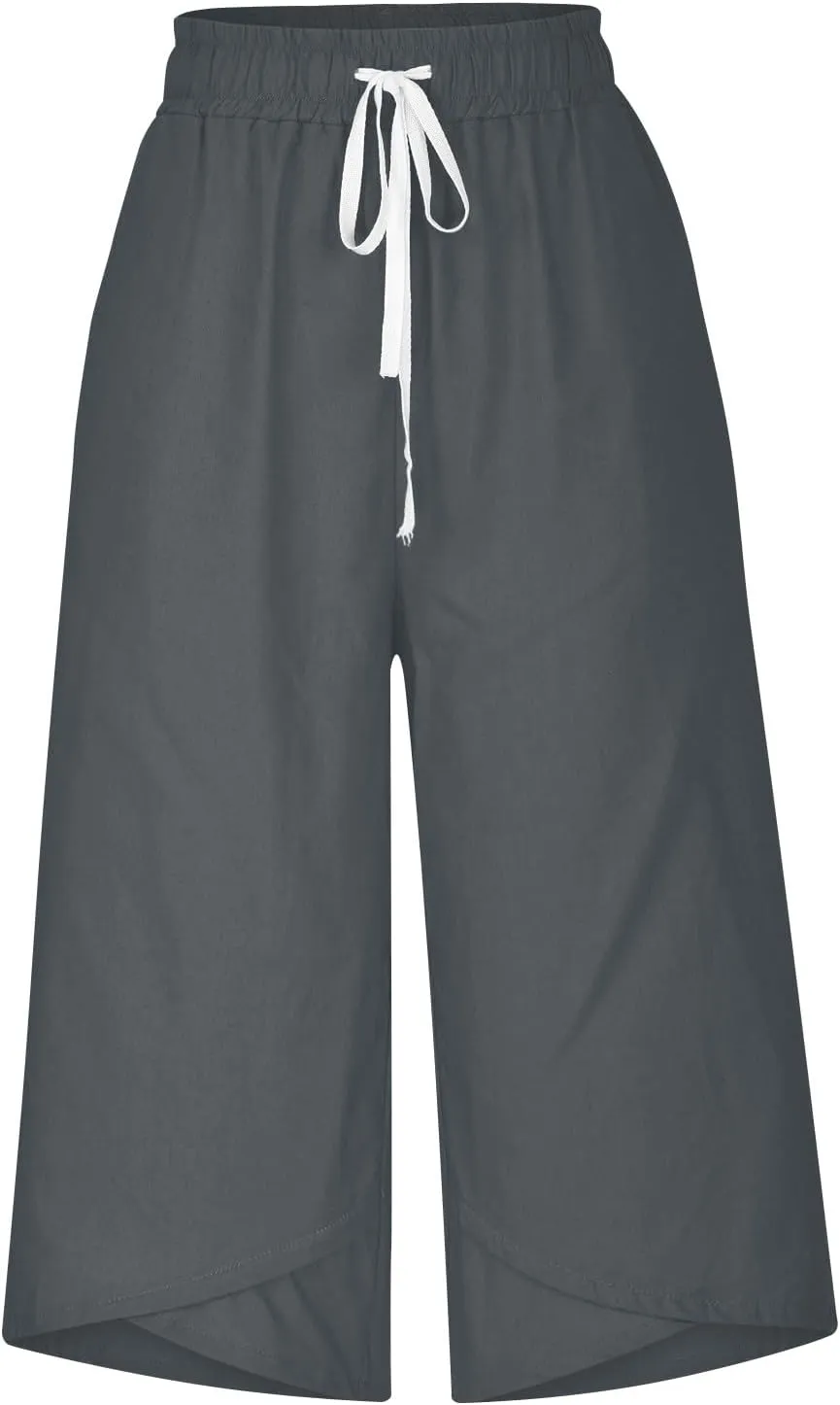 Linen Capri Pants for Women Casual Summer Solid Loose Outdoor Drawstring Pants with Pockets Trendy Summer Trousers