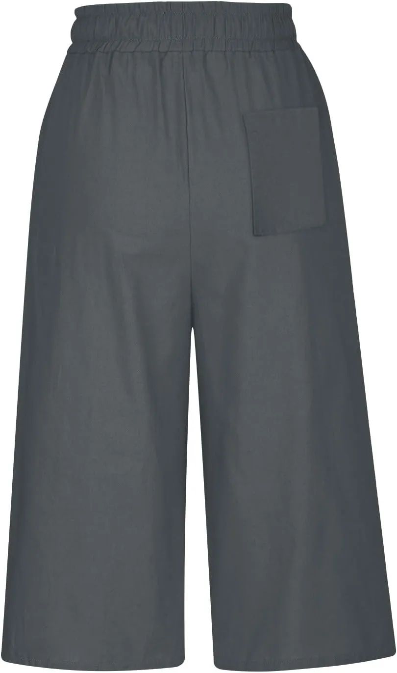 Linen Capri Pants for Women Casual Summer Solid Loose Outdoor Drawstring Pants with Pockets Trendy Summer Trousers