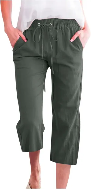 Linen Capri Pants for Women Cotton Casual Summer Capris Drawstring High Waist Pants Wide Leg Cropped Trousers