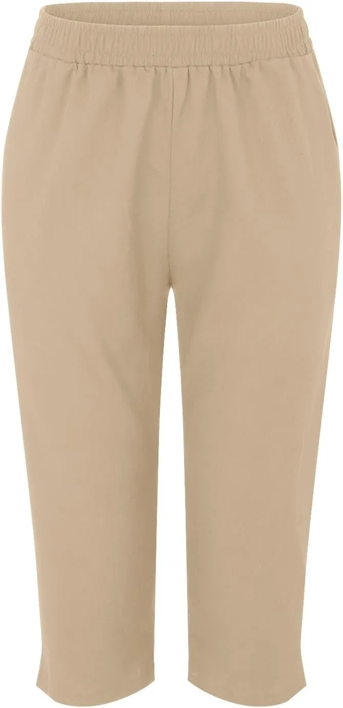 Linen Capris for Women Summer Solid Color Elastic Waisted Capri Pants with Pockets Casual Cropped Lounge Trousers