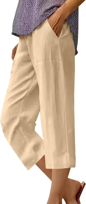 Linen Capris for Women Summer Solid Color Elastic Waisted Capri Pants with Pockets Casual Cropped Lounge Trousers