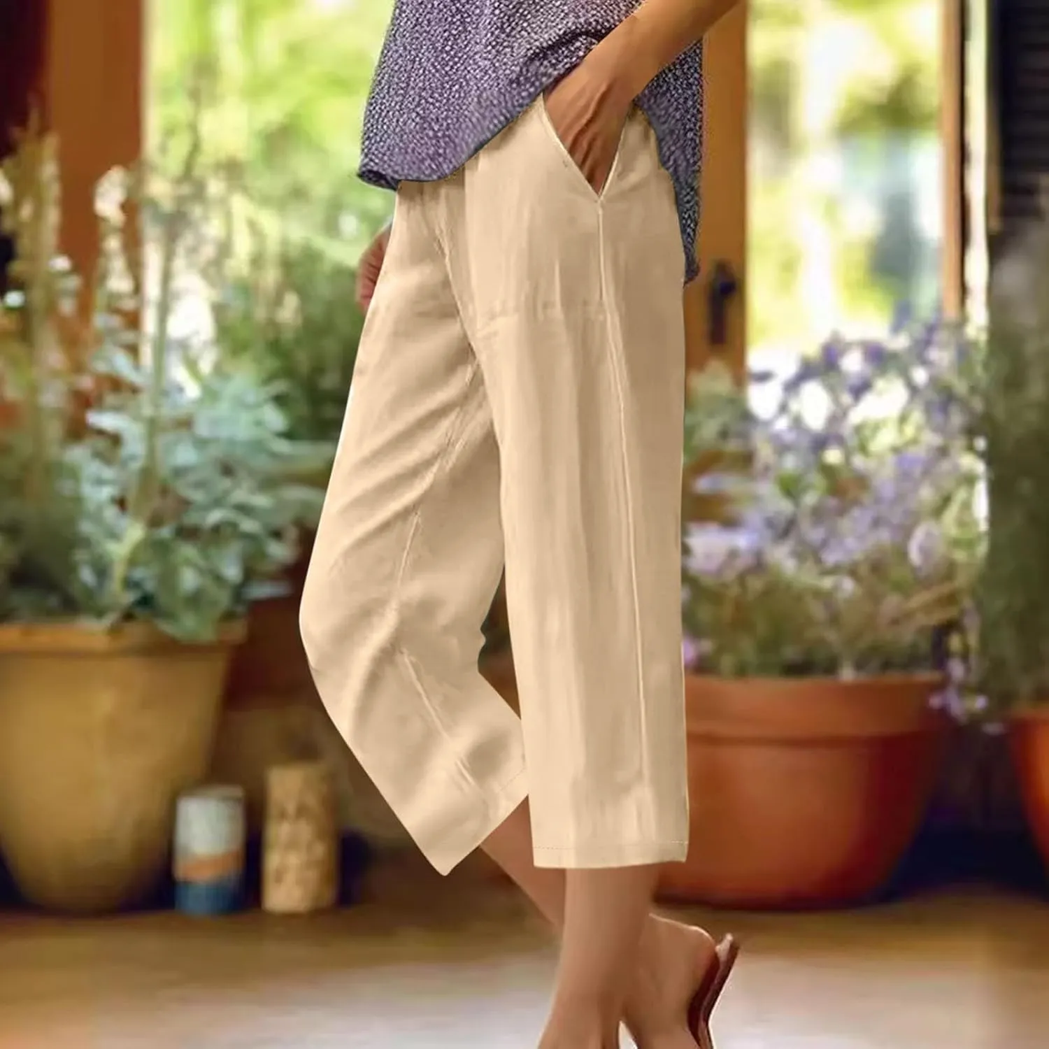 Linen Capris for Women Summer Solid Color Elastic Waisted Capri Pants with Pockets Casual Cropped Lounge Trousers