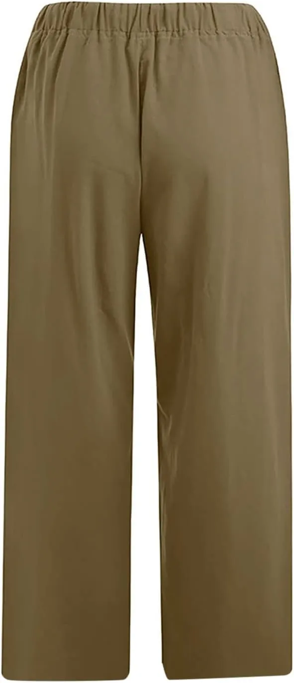 Linen Capris Pants for Women Summer Drawstring Elastic High Waist Linen Pant Straight Wide Leg Cropped Trouser Pants