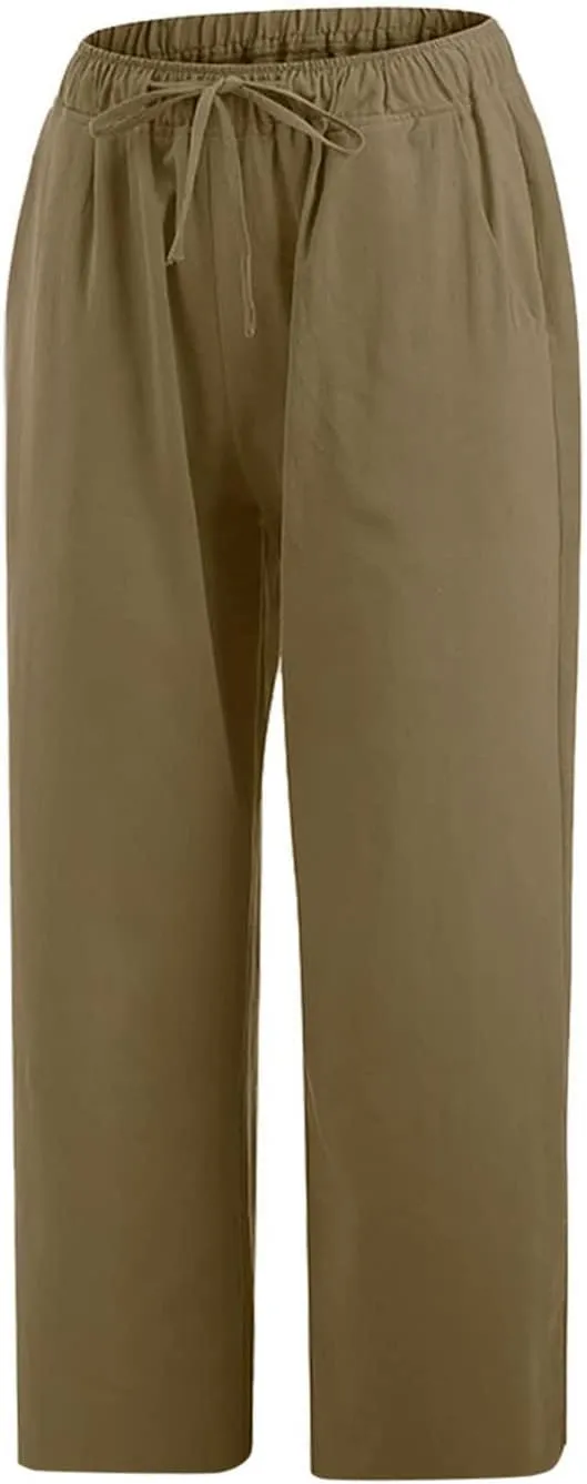 Linen Capris Pants for Women Summer Drawstring Elastic High Waist Linen Pant Straight Wide Leg Cropped Trouser Pants