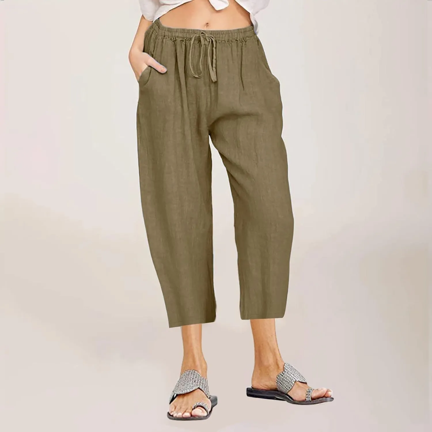 Linen Capris Pants for Women Summer Drawstring Elastic High Waist Linen Pant Straight Wide Leg Cropped Trouser Pants