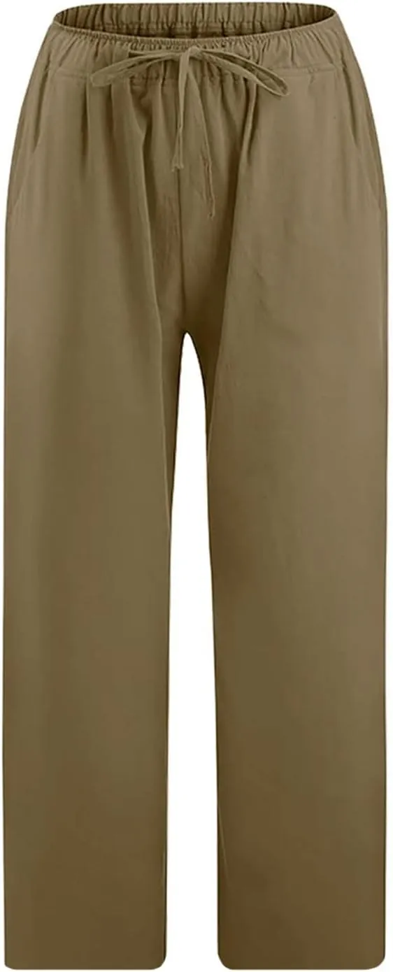 Linen Capris Pants for Women Summer Drawstring Elastic High Waist Linen Pant Straight Wide Leg Cropped Trouser Pants