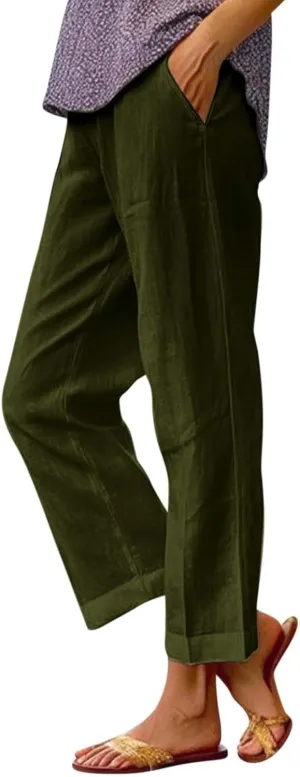 Linen Cropped Pants for Women Summer Trousers Plus Size Pants Trendy Drawstring Elastic Waist Joggers with Pockets