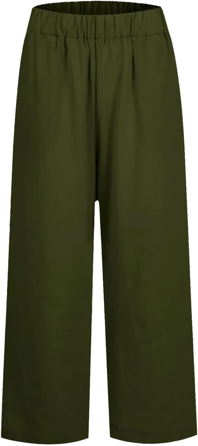 Linen Cropped Pants for Women Summer Trousers Plus Size Pants Trendy Drawstring Elastic Waist Joggers with Pockets