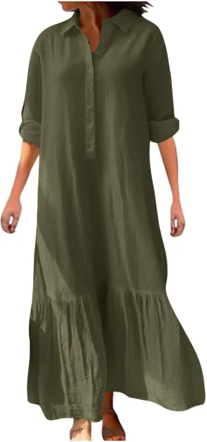 Linen Dresses for Women 2025 Loose Button V-Neck Long Sleeve Sundress Fashion Solid Color Pleated Shirts Dress