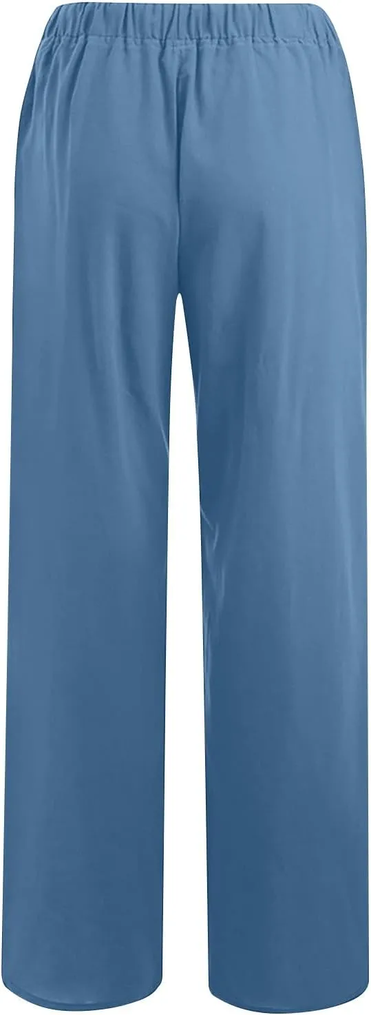 Linen Palazzo Pants for Women 2024 Casual Wide Leg Summer Lounge Pant Elastic Waist Drawstring Beach Vacation Trouser