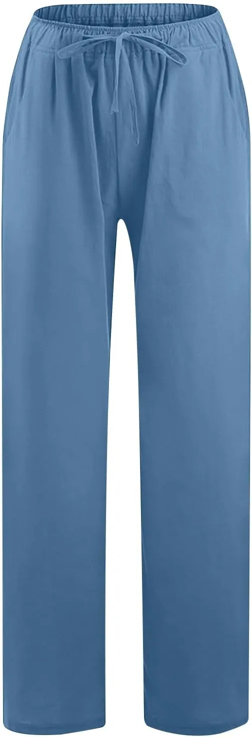 Linen Palazzo Pants for Women 2024 Casual Wide Leg Summer Lounge Pant Elastic Waist Drawstring Beach Vacation Trouser