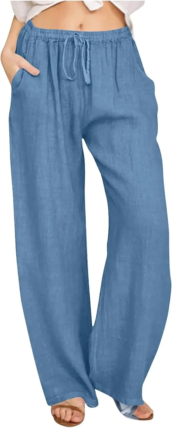 Linen Palazzo Pants for Women 2024 Casual Wide Leg Summer Lounge Pant Elastic Waist Drawstring Beach Vacation Trouser