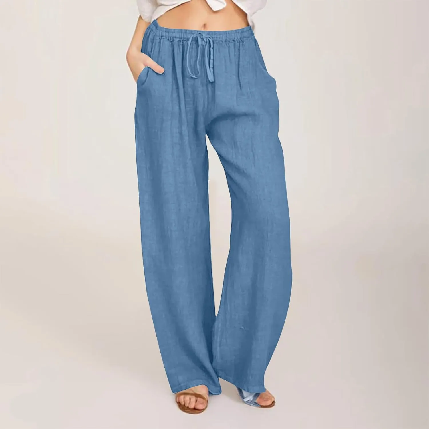 Linen Palazzo Pants for Women 2024 Casual Wide Leg Summer Lounge Pant Elastic Waist Drawstring Beach Vacation Trouser