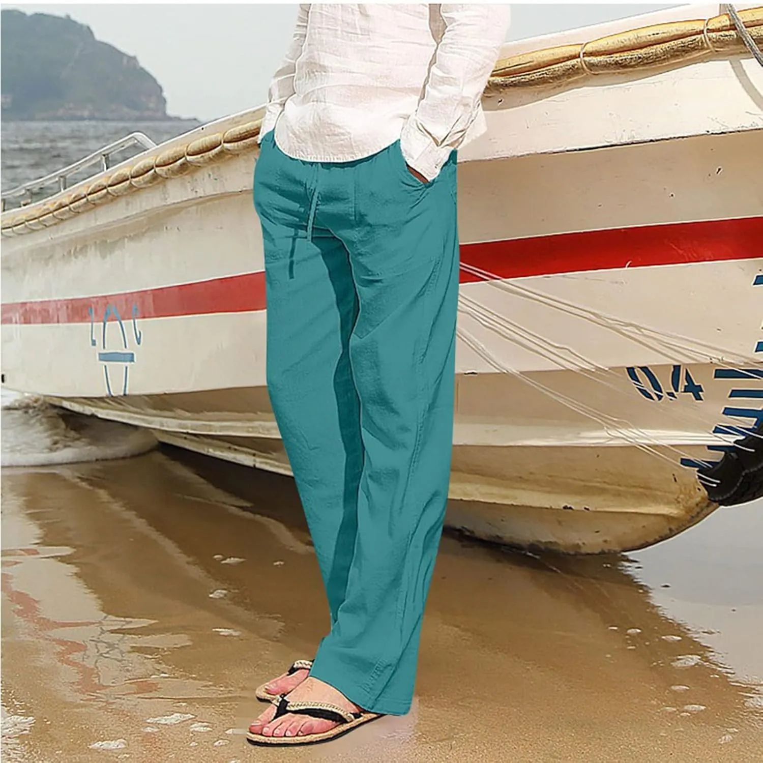 Linen Pants for Men Summer Casual Drawstring Elastic Waist Lightweight Comfy Straight Leg Pants with Pockets