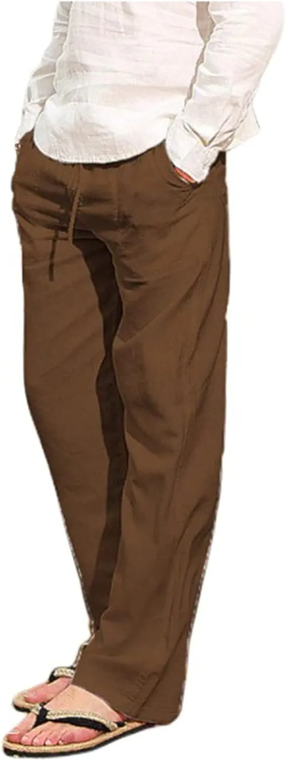 Linen Pants for Men Summer Casual Drawstring Elastic Waist Lightweight Comfy Straight Leg Pants with Pockets