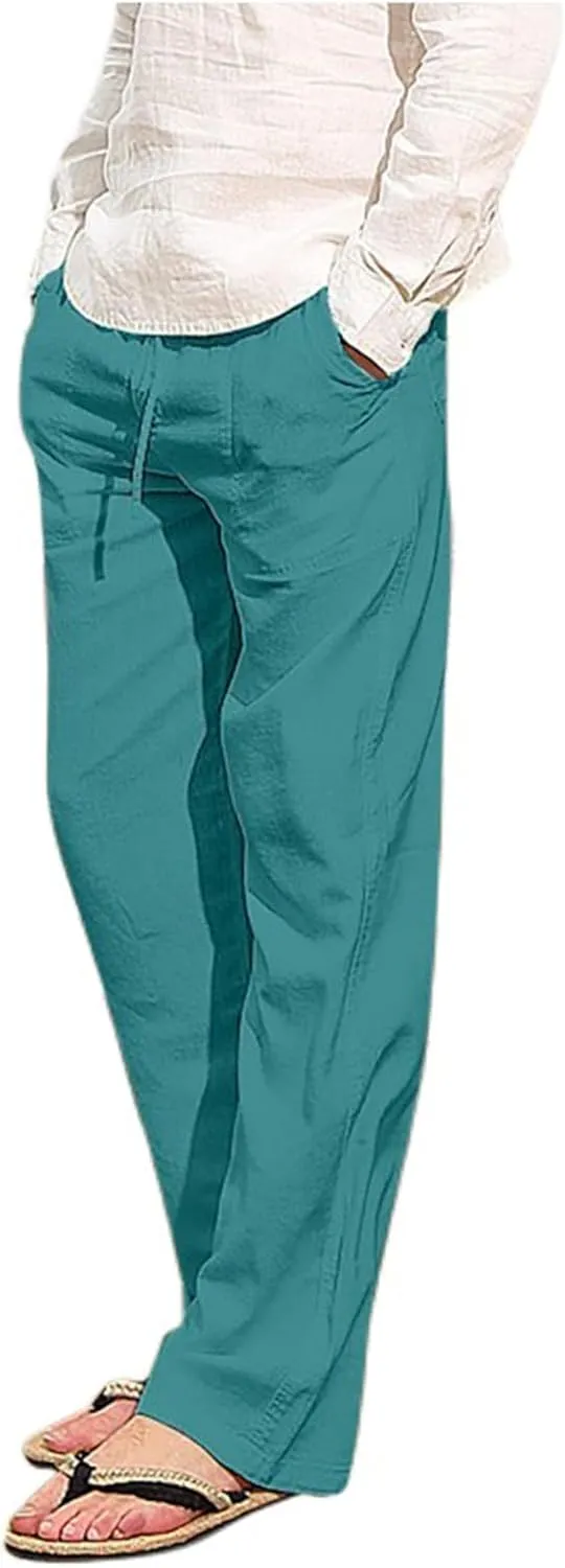 Linen Pants for Men Summer Casual Drawstring Elastic Waist Lightweight Comfy Straight Leg Pants with Pockets