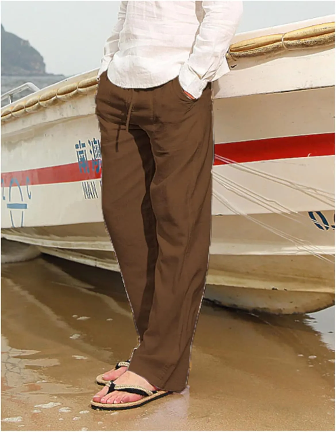 Linen Pants for Men Summer Casual Drawstring Elastic Waist Lightweight Comfy Straight Leg Pants with Pockets