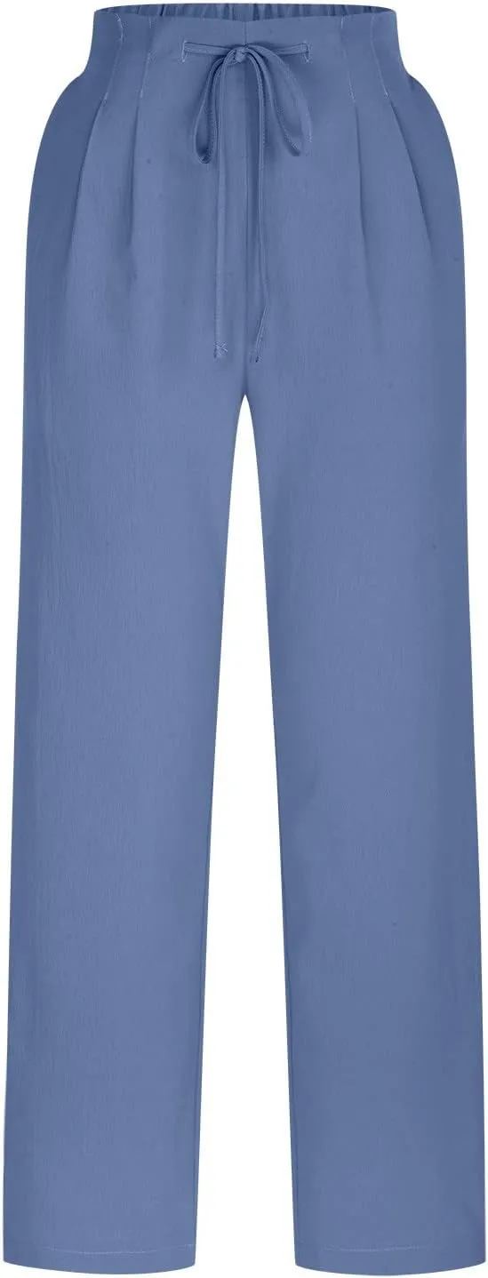 Linen Pants for Women 2025 Summer Elastic High Waist Wide Leg Trousers Casual Loose Flowy Lace up Beach Palazzo