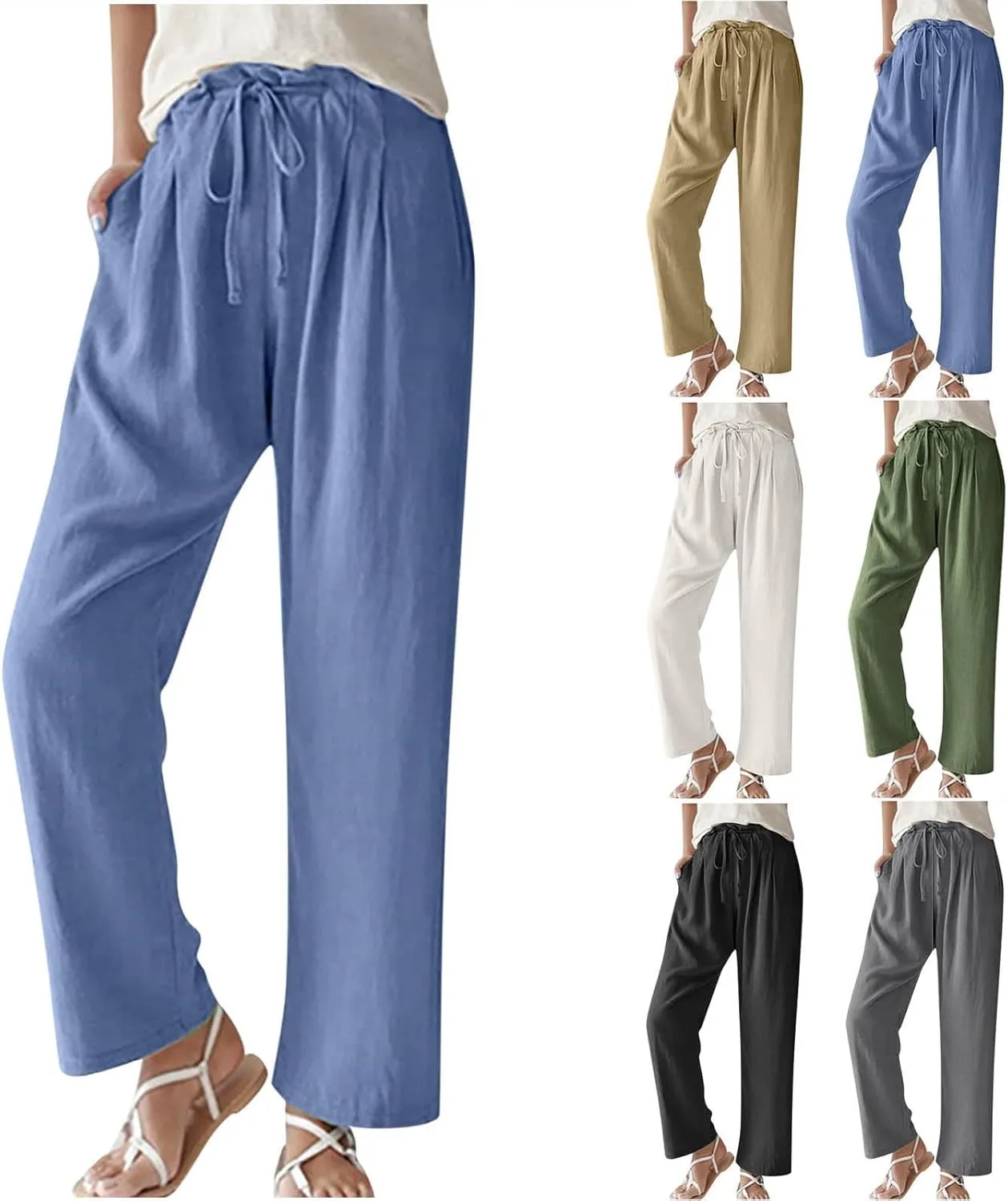 Linen Pants for Women 2025 Summer Elastic High Waist Wide Leg Trousers Casual Loose Flowy Lace up Beach Palazzo