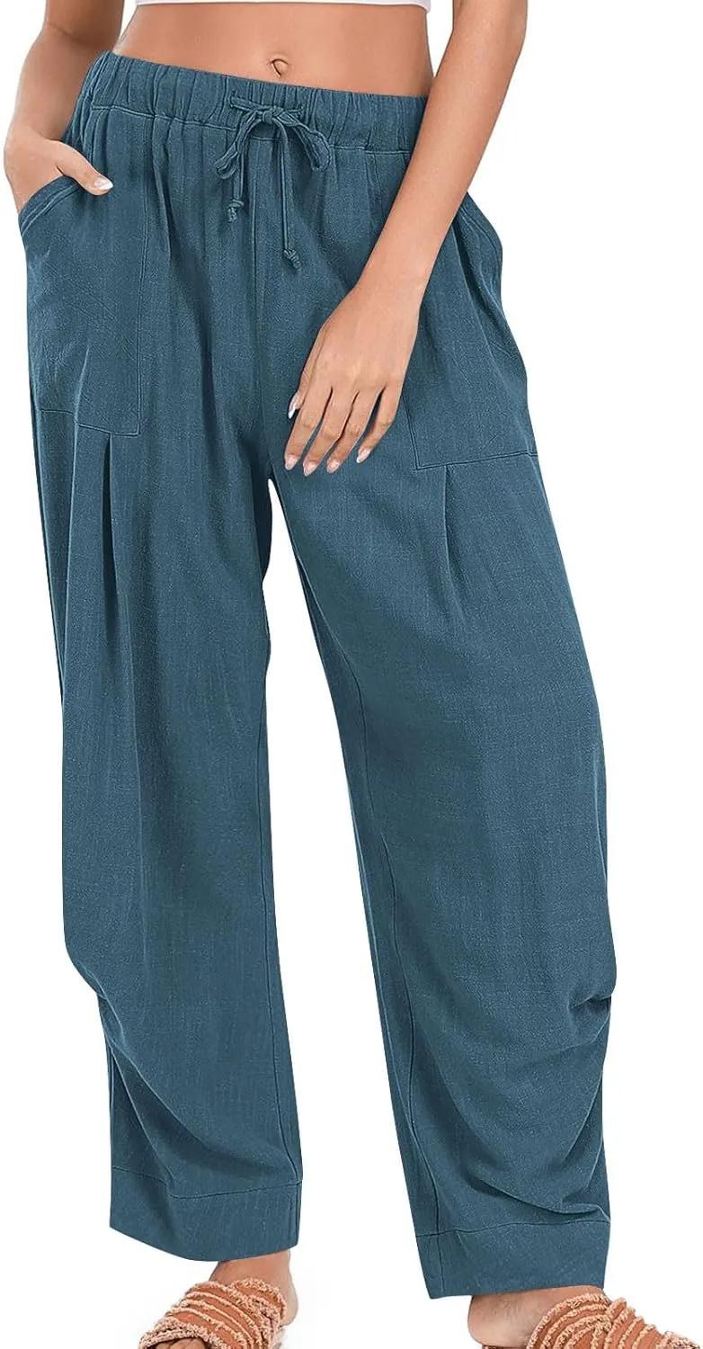 Linen Pants for Women Cotton Pleated Palazzo Pant Boho Drawstring Waist Wide Leg Trousers Summer 2025 Y2K Outfits