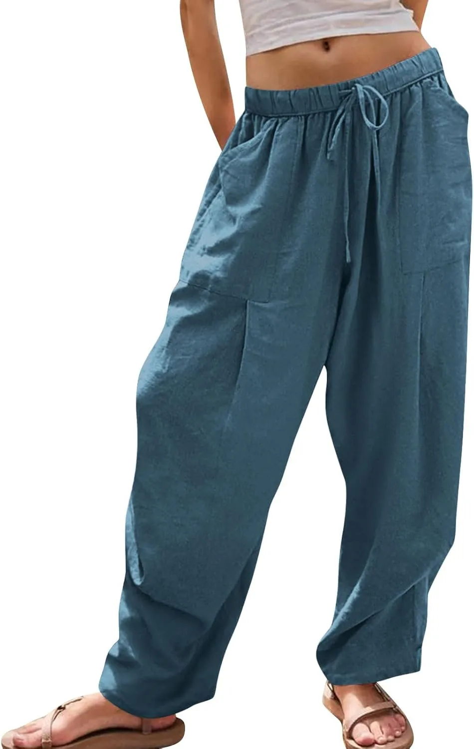 Linen Pants for Women Cotton Pleated Palazzo Pant Boho Drawstring Waist Wide Leg Trousers Summer 2025 Y2K Outfits