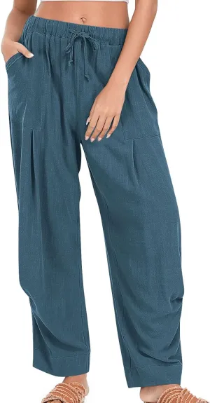 Linen Pants for Women Cotton Pleated Palazzo Pant Boho Drawstring Waist Wide Leg Trousers Summer 2025 Y2K Outfits