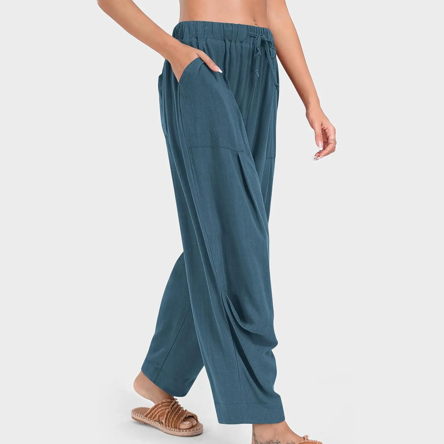 Linen Pants for Women Cotton Pleated Palazzo Pant Boho Drawstring Waist Wide Leg Trousers Summer 2025 Y2K Outfits