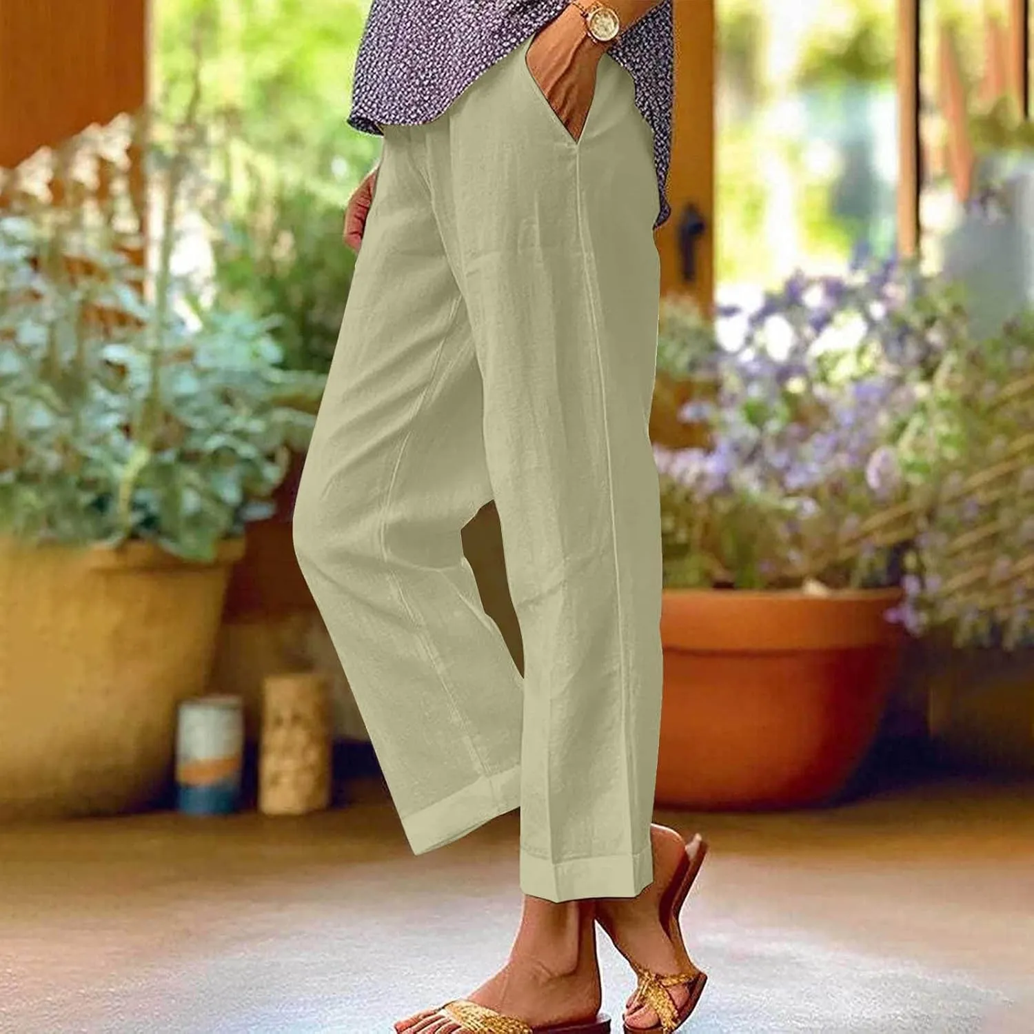 Linen Pants for Women Elastic High Waist Summer Capri Pants Straight Leg Loose Casual Cropped Trousers with Pockets