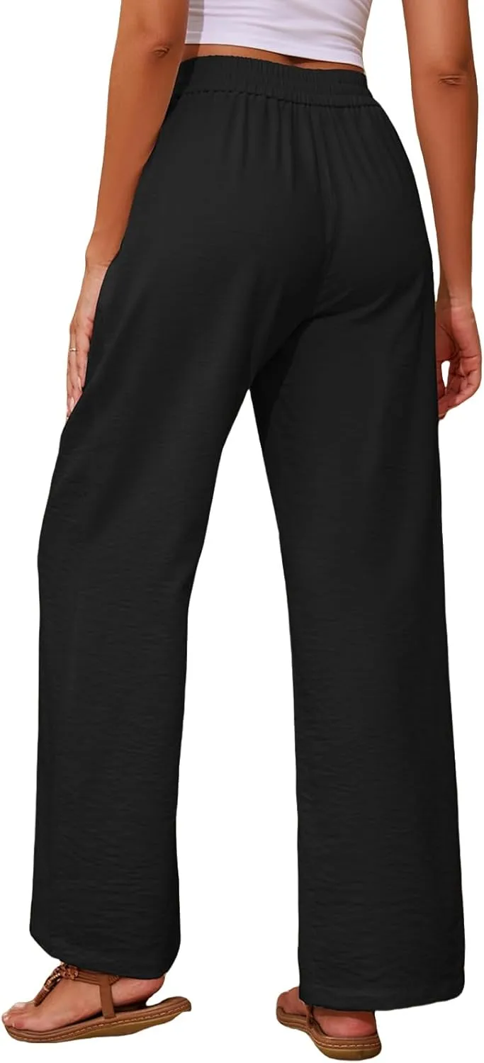 Linen Pants for Women High Waist Drawstring Pants Wide Leg Lounge Pant Summer Beach Flowy Palazzo Trousers