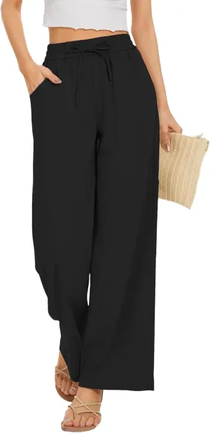 Linen Pants for Women High Waist Drawstring Pants Wide Leg Lounge Pant Summer Beach Flowy Palazzo Trousers