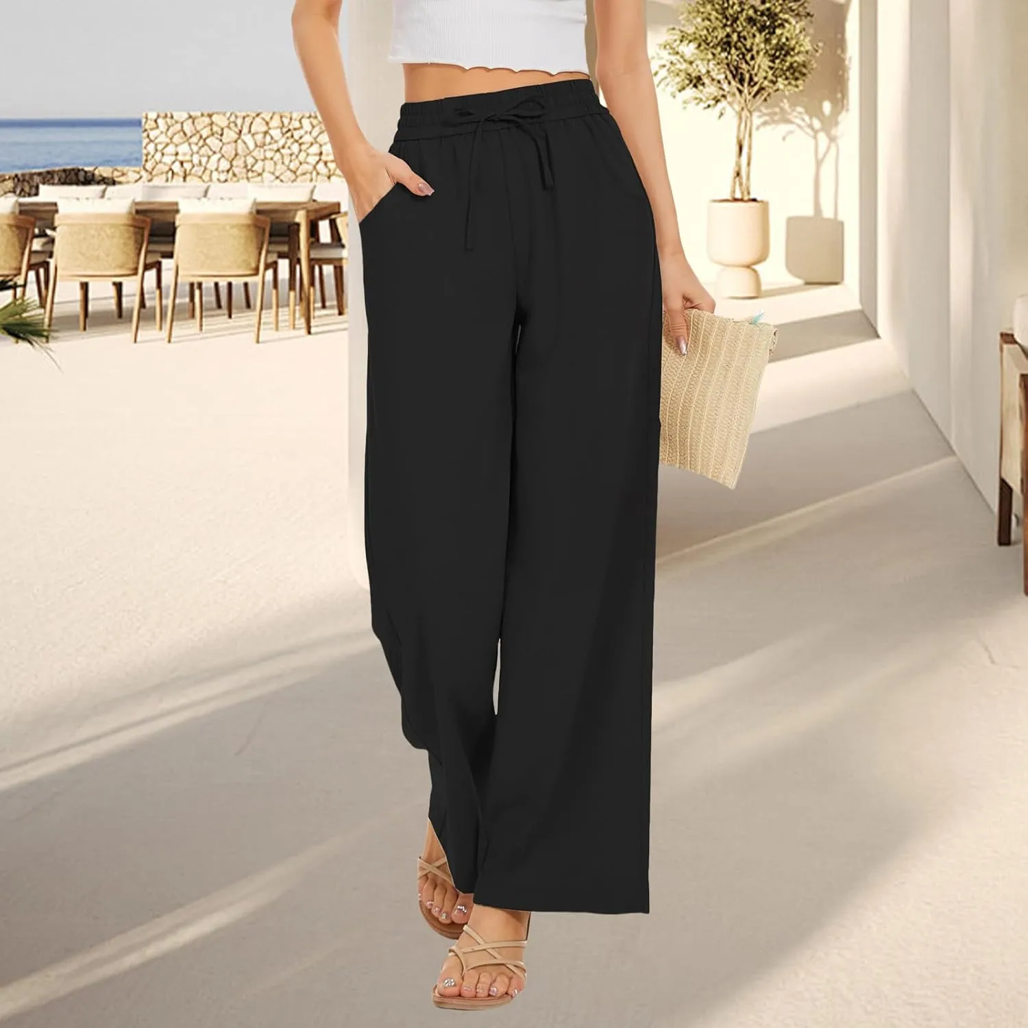 Linen Pants for Women High Waist Drawstring Pants Wide Leg Lounge Pant Summer Beach Flowy Palazzo Trousers