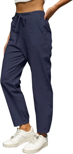 Linen Pants for Women Summer Casual High Waisted Lightweight Beach Pant with Pockets