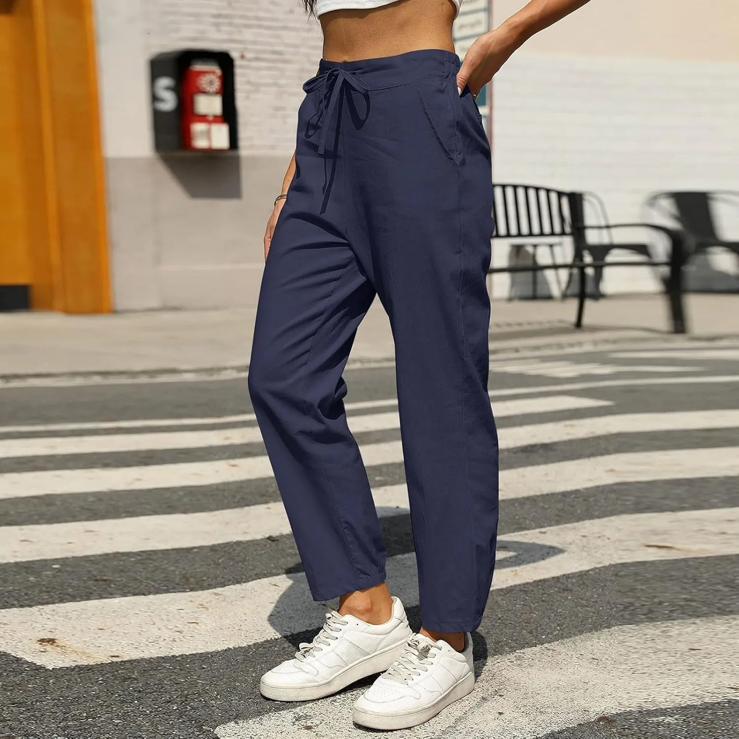 Linen Pants for Women Summer Casual High Waisted Lightweight Beach Pant with Pockets