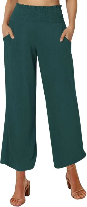 Linen Pants for Women Summer Casual Straight Leg Drawstring Trousers Elastic Waist Cropped Beach Pants with Pocket