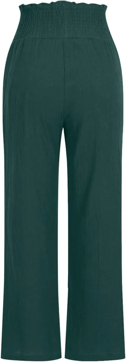Linen Pants for Women Summer Casual Straight Leg Drawstring Trousers Elastic Waist Cropped Beach Pants with Pocket