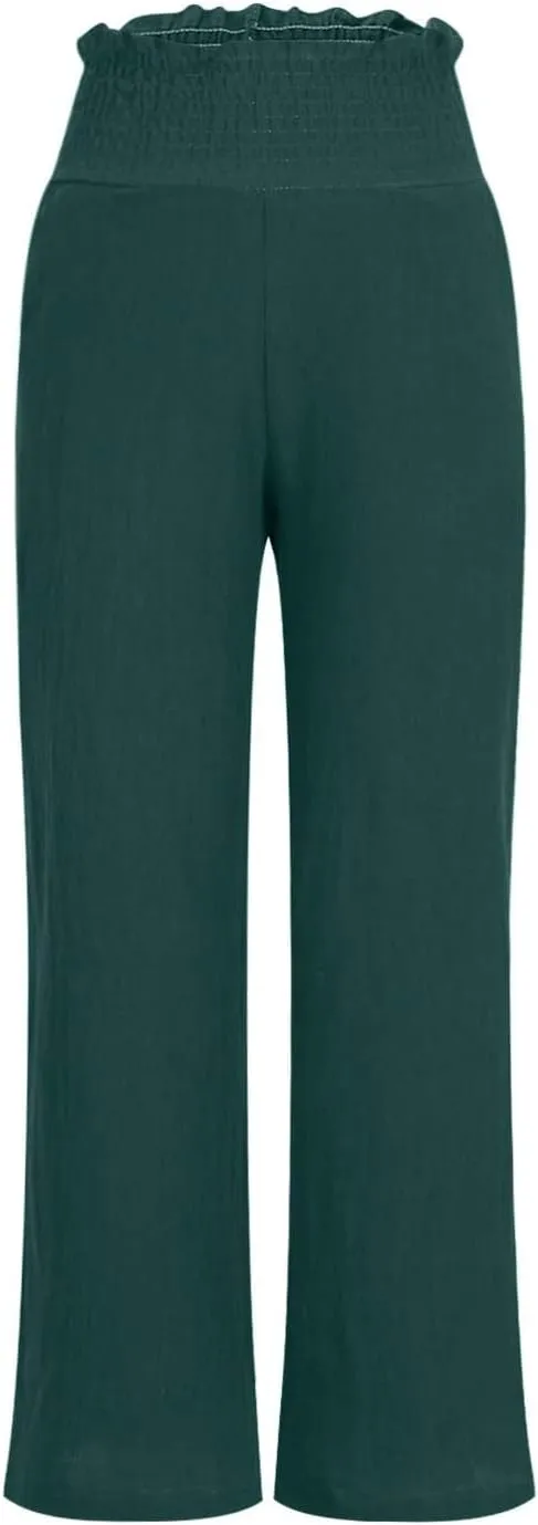 Linen Pants for Women Summer Casual Straight Leg Drawstring Trousers Elastic Waist Cropped Beach Pants with Pocket