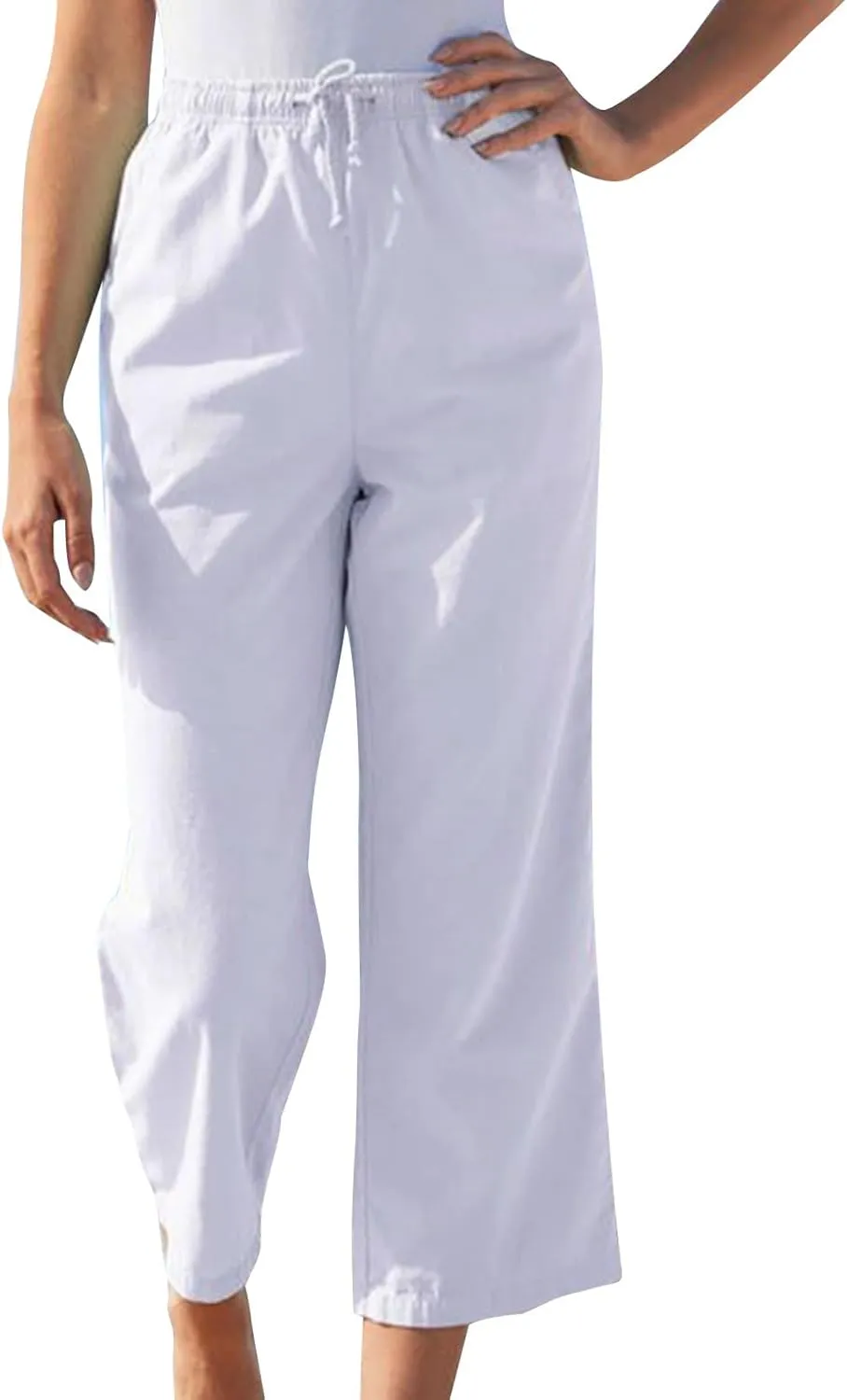Linen Pants for Women Summer Casual Straight Leg Drawstring Trousers Elastic Waist Cropped Beach Pants with Pocket