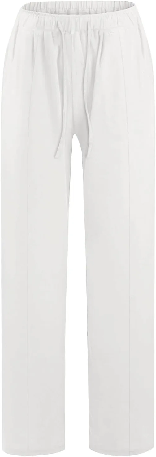 Linen Pants for Women Summer Solid Elastic Waist Wide Leg Loose Casual Vacation Beach Palazzo Pants with Pockets