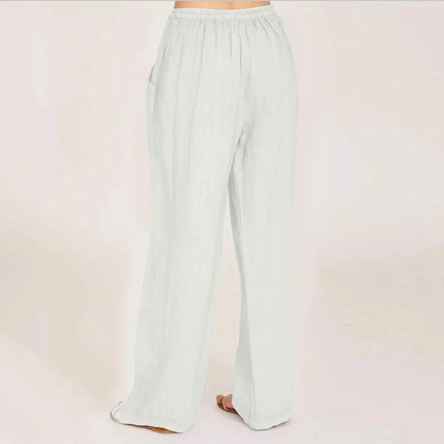 Linen Pants for Women Summer Solid Elastic Waist Wide Leg Loose Casual Vacation Beach Palazzo Pants with Pockets