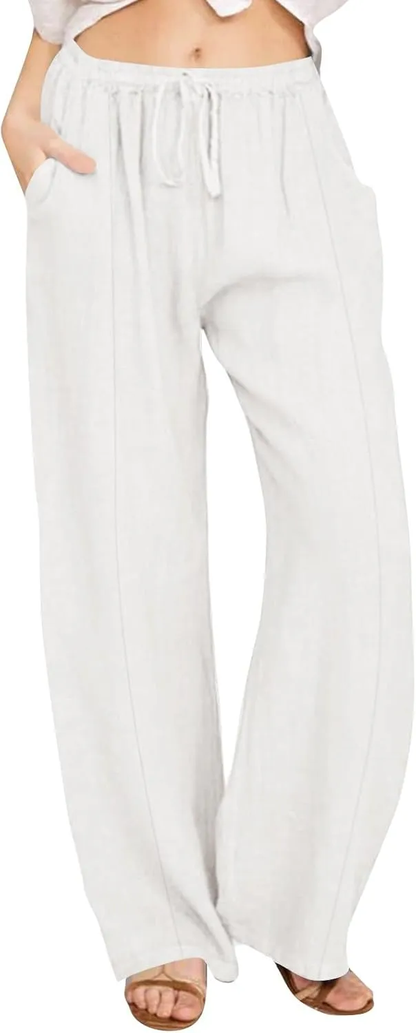 Linen Pants for Women Summer Solid Elastic Waist Wide Leg Loose Casual Vacation Beach Palazzo Pants with Pockets