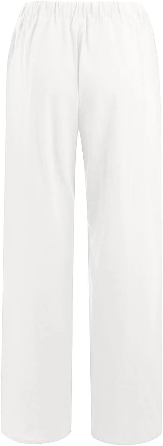 Linen Pants for Women Summer Solid Elastic Waist Wide Leg Loose Casual Vacation Beach Palazzo Pants with Pockets