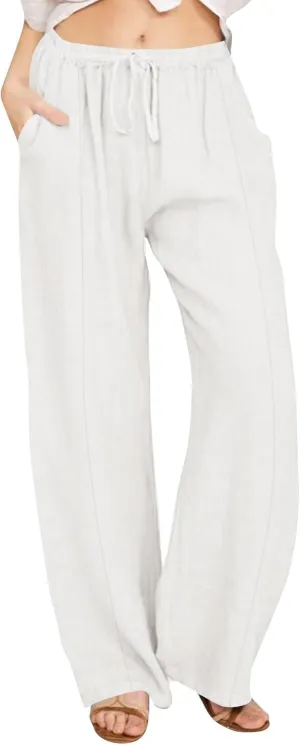 Linen Pants for Women Summer Solid Elastic Waist Wide Leg Loose Casual Vacation Beach Palazzo Pants with Pockets