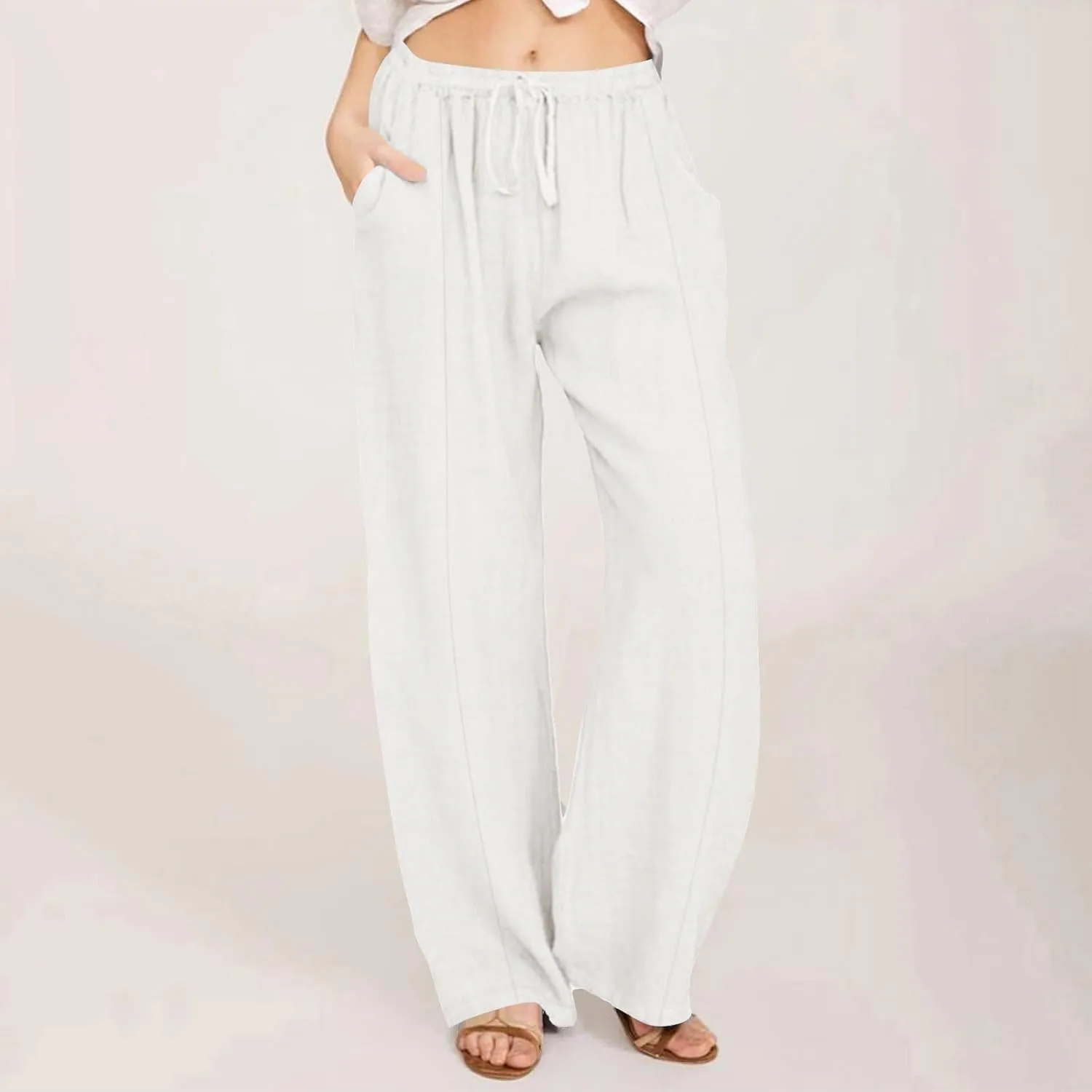 Linen Pants for Women Summer Solid Elastic Waist Wide Leg Loose Casual Vacation Beach Palazzo Pants with Pockets
