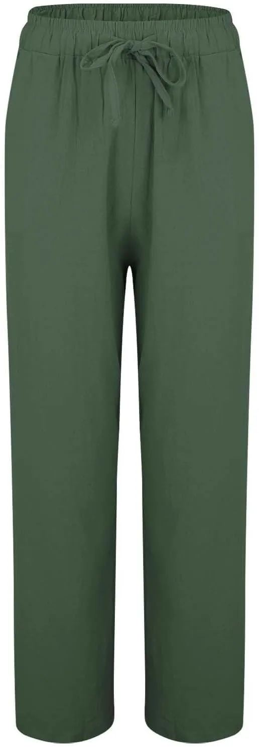 Linen Pants for Women Wide Leg Baggy Drawstring Elastic Waist Palazzo Trousers Summer Beach Pants with Pockets