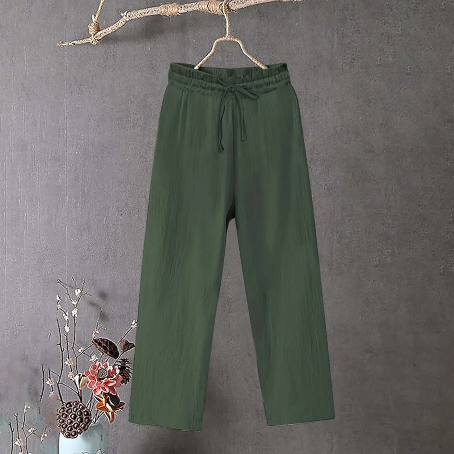 Linen Pants for Women Wide Leg Baggy Drawstring Elastic Waist Palazzo Trousers Summer Beach Pants with Pockets