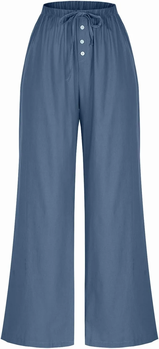 Linen Pants Women Drawstring High Waisted Wide Leg Cotton Baggy Trousers 2025 Summer Casual Bell Pant with Pockets