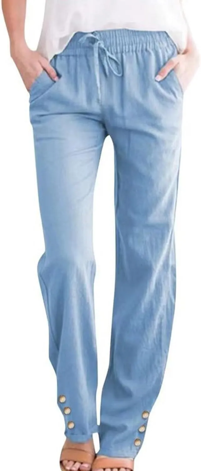 Linen Pants Women Elastic Waist Straight Leg Drawstring Lounge Capri Pants Casual Summer Work Pants Trousers 2025