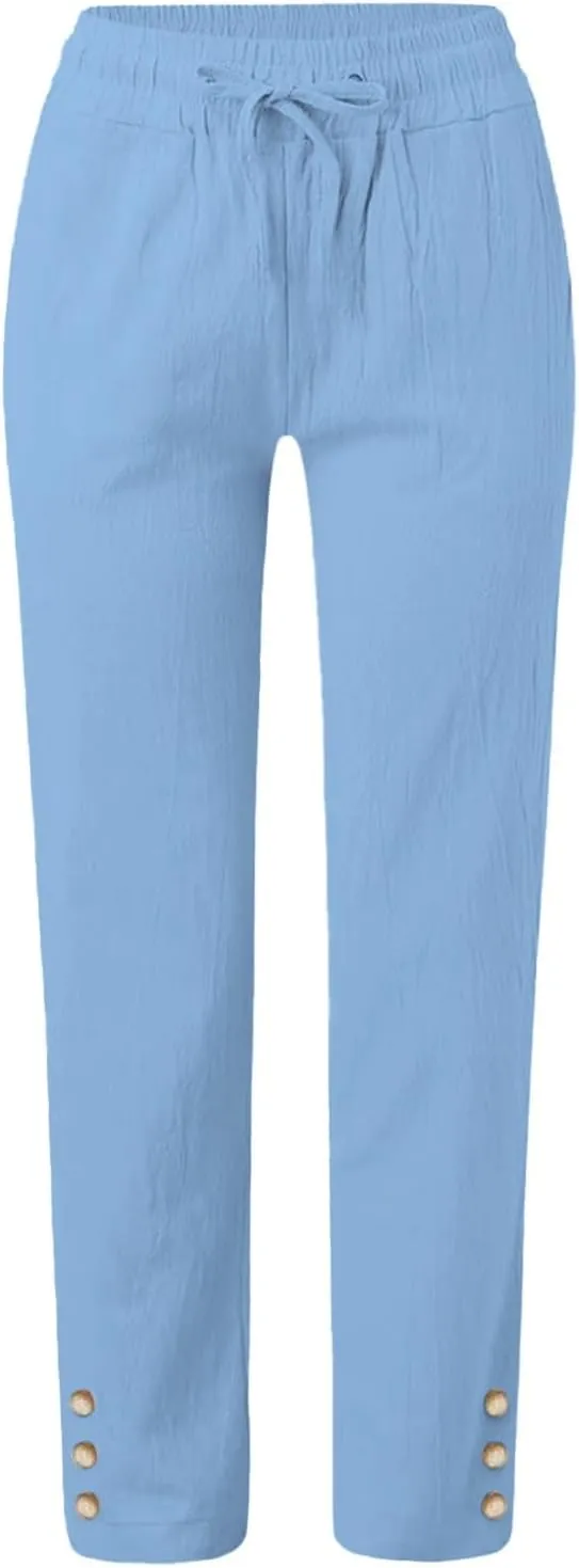 Linen Pants Women Elastic Waist Straight Leg Drawstring Lounge Capri Pants Casual Summer Work Pants Trousers 2025